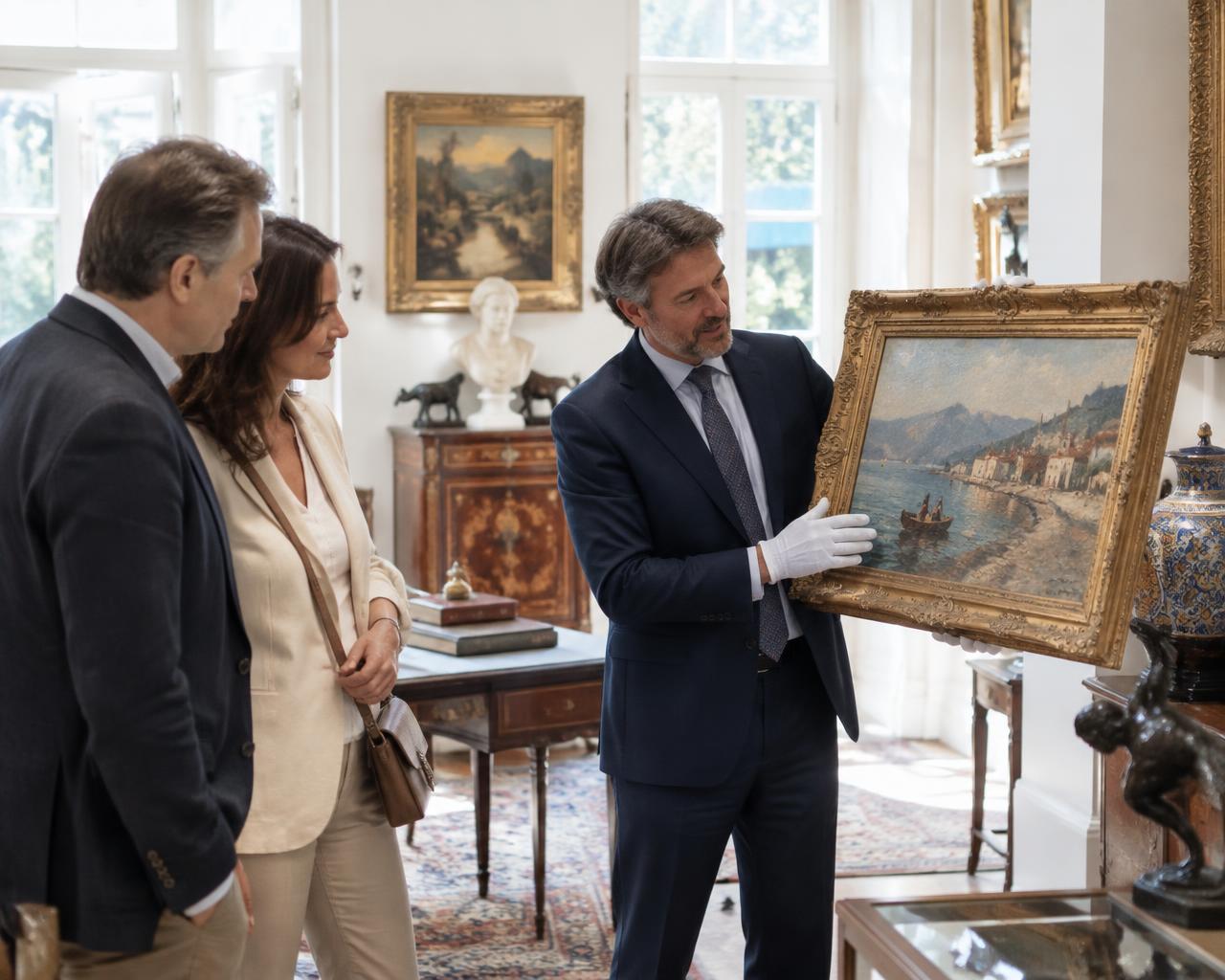 Art appraiser discussing a framed painting with clients