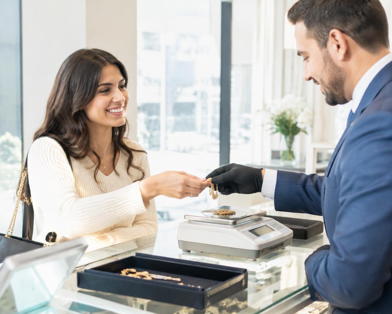 Customer handing gold jewellery to a Crownstone expert at the scale